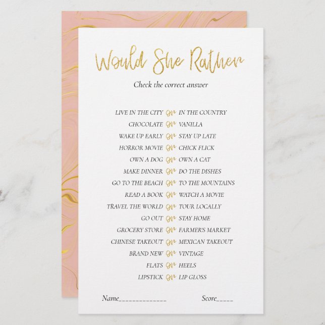 Gold Glitter Bridal Shower game Would She Rather (Front/Back)