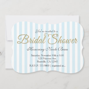 Gold Glitter BRIDAL SHOWER Stripe Blue Invitations
