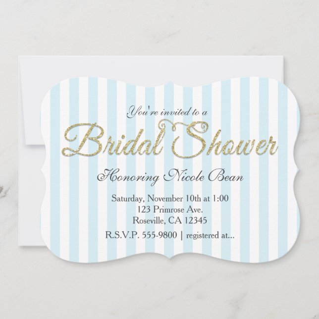 Gold Glitter BRIDAL SHOWER Stripe Blue Invitations (Front)