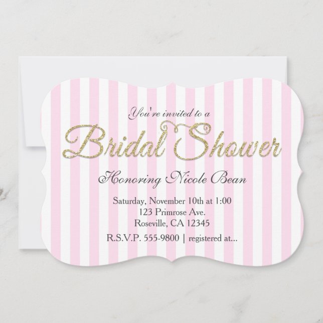 Gold Glitter BRIDAL SHOWER Stripe Pink Invitations (Front)