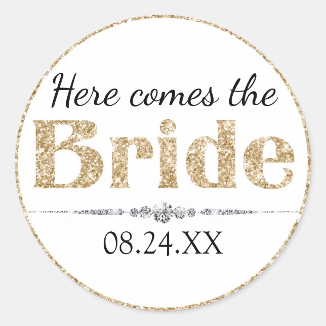Gold Glitter Bride and Diamonds Classic Round Sticker (Front)