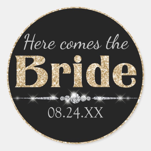 Gold Glitter Bride and Diamonds on Black Classic Round Sticker (Front)