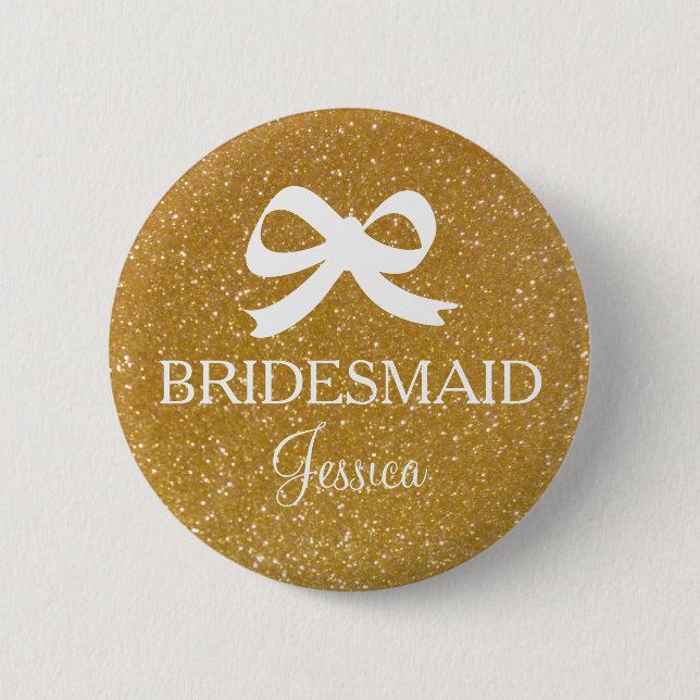 Gold glitter bridesmaid button for wedding party (Front)