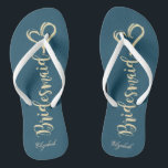 Gold Glitter Bridesmaid,Hearts Navy Blue Flip Flops<br><div class="desc">Cute gold glittery bridesmaid and heart on navy blue background  with your name. Select the costume button to change the fonts style,  colour and size. Any girl would love to have this elegant and stylish design .</div>