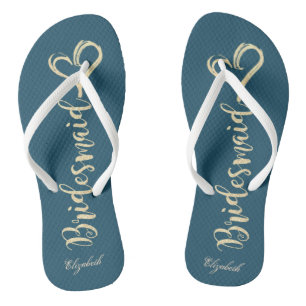 Gold Glitter Bridesmaid,Hearts Navy Blue Flip Flops