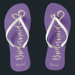 Gold Glitter Bridesmaid,Hearts Viole -Personalised Flip Flops<br><div class="desc">Cute gold glittery bridesmaid and heart on violet background  with your name. Select the costume button to change the fonts style,  colour and size. Any girl would love to have this elegant and stylish design .</div>