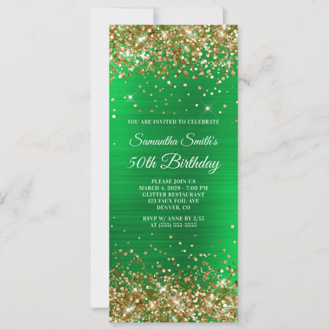 Gold Glitter Bright Green Foil 50th Birthday Invitation (Front)