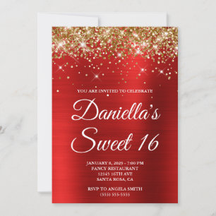 Gold Glitter Bright Red Foil Sweet 16 Invitation