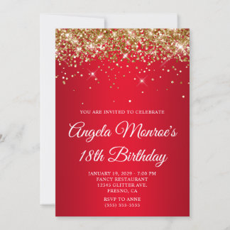 Gold Glitter Bright Red Gradient 18th Birthday Invitation
