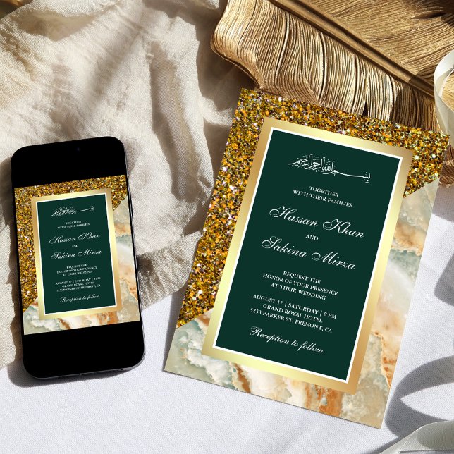 Gold Glitter Brown Marble Emerald Muslim Wedding Invitation (Creator Uploaded)
