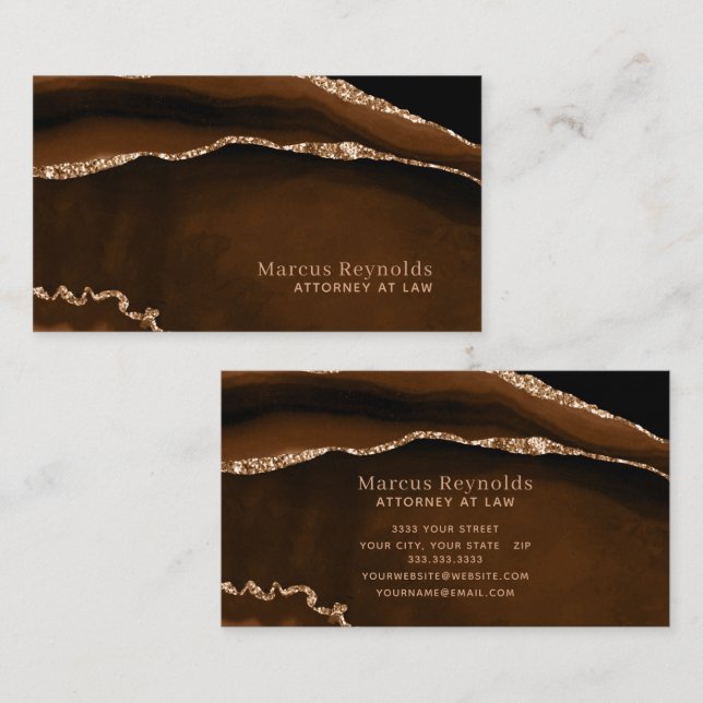 Gold Glitter Brown Marble Gemstone Business Card (Front/Back)