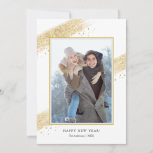 Gold Glitter Brush Strokes Happy New Year Photo Holiday Card