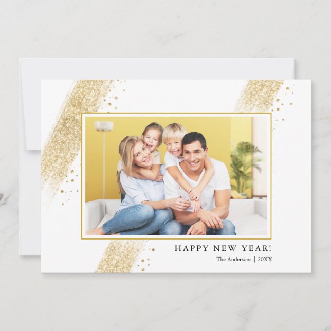 Gold Glitter Brush Strokes Happy New Years Photo Holiday Card (Front)