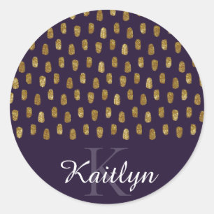 Gold Glitter Brush Strokes on Purple Classic Round Sticker