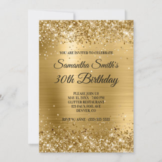 Gold Glitter Brushed Foil Monogram 30th Birthday Invitation