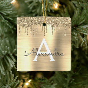 Gold Glitter Brushed Metal Monogram Name Ceramic Ornament