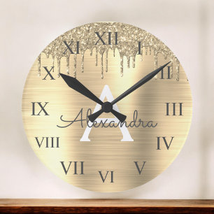 Gold Glitter Brushed Metal Monogram Name Large Clock