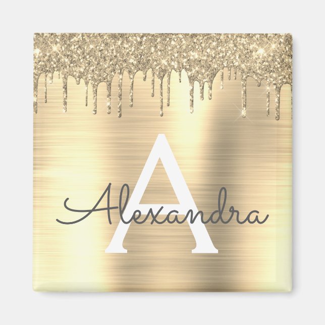 Gold Glitter Brushed Metal Monogram Name Magnet (Front)