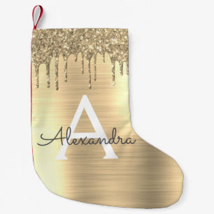 Gold Glitter Brushed Metal Monogram Name Small Christmas Stocking