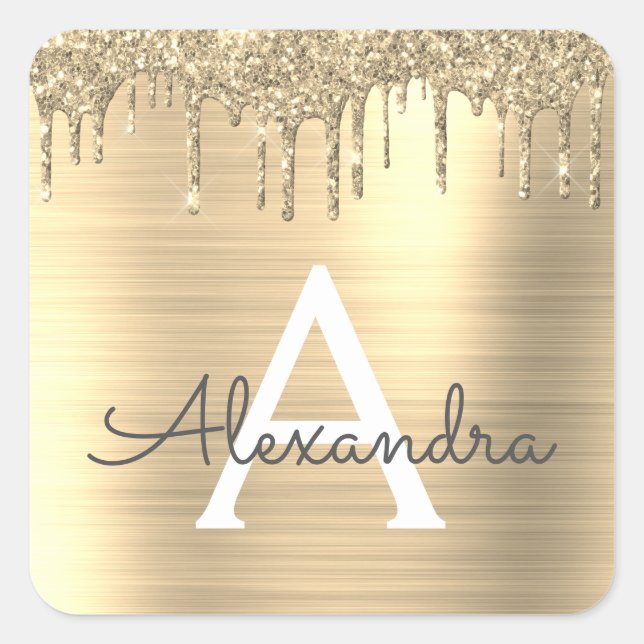 Gold Glitter Brushed Metal Monogram Name Square Sticker (Front)