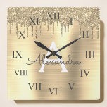 Gold Glitter Brushed Metal Monogram Name Square Wall Clock<br><div class="desc">Gold Faux Foil Metallic Sparkle Glitter Brushed Metal Monogram Name and Initial Luxury Wall Clock. This makes the perfect sweet 16 birthday,  wedding,  bridal shower,  anniversary,  baby shower or bachelorette party gift for someone that loves glam luxury and chic styles.</div>