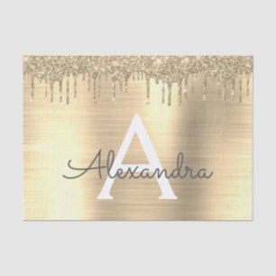 Gold Glitter Brushed Metal Monogram Name Tissue Paper