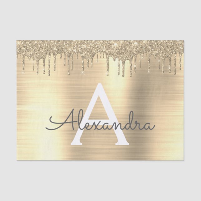 Gold Glitter Brushed Metal Monogram Name Tissue Paper (Front)