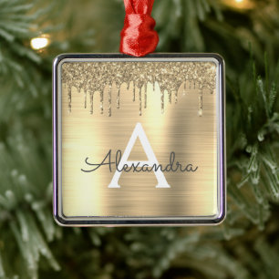 Gold Glitter Brushed Metal Monogram Name Tree Decoration