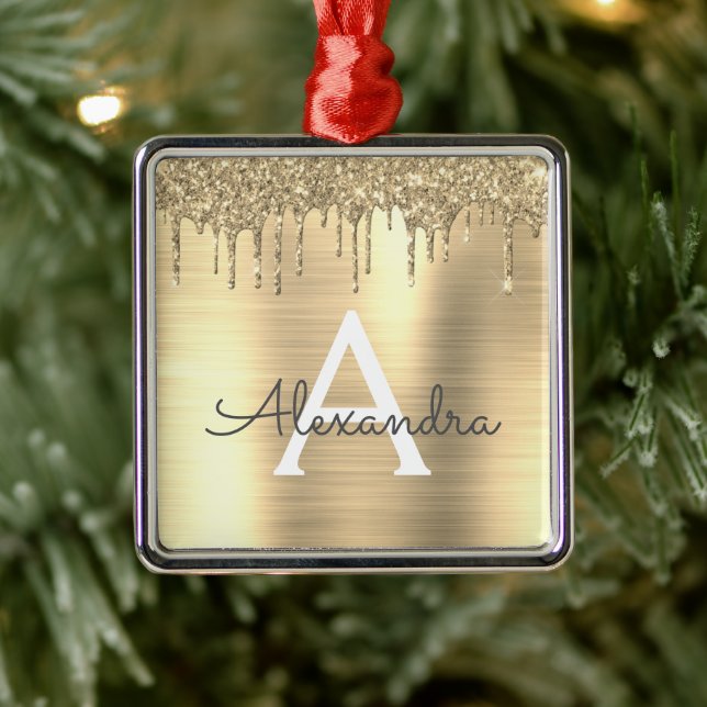 Gold Glitter Brushed Metal Monogram Name Tree Decoration (Tree)