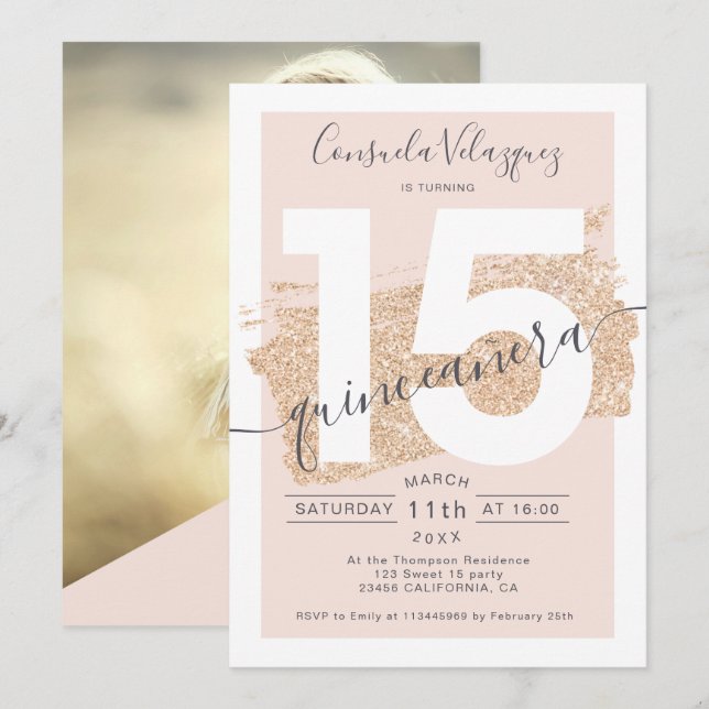 gold glitter brushstroke blush quinceanera photo invitation (Front/Back)