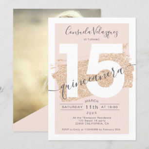 gold glitter brushstroke blush quinceanera photo invitation