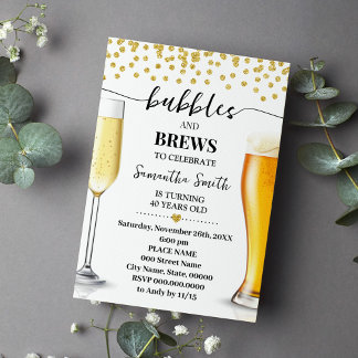 Gold Glitter Bubbles and Brews Adults Birthday Invitation