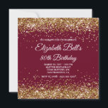 Gold Glitter Burgundy 80th Birthday Invitation<br><div class="desc">An elegant fancy monogram 80th birthday invitation for her. Faux sparkly gold glitter girly glam with sparkles against a dark red burgundy colour. The fancy classic flourish calligraphy monogram on the back can be customised. A lovely invite for your great grandmother on her milestone birthday. All the glittery elements in...</div>