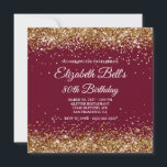 Gold Glitter Burgundy 80th Birthday Invitation<br><div class="desc">An elegant fancy monogram 80th birthday invitation for her. Faux sparkly gold glitter girly glam with sparkles against a dark red burgundy colour. The fancy classic flourish calligraphy monogram on the back can be customised. A lovely invite for your great grandmother on her milestone birthday. All the glittery elements in...</div>