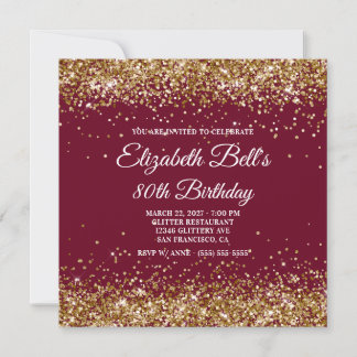 Gold Glitter Burgundy 80th Birthday Invitation