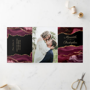 Gold Glitter Burgundy Agate Geode Wedding Tri-Fold Invitation