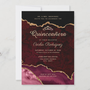 Gold Glitter Burgundy Agate Quinceanera Invitation