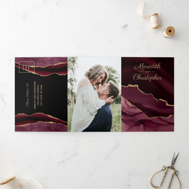 Gold Glitter Burgundy Agate Wedding Tri-Fold Invitation (Outside)
