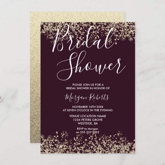 Gold Glitter Burgundy Bridal Shower Invitation (Front/Back)