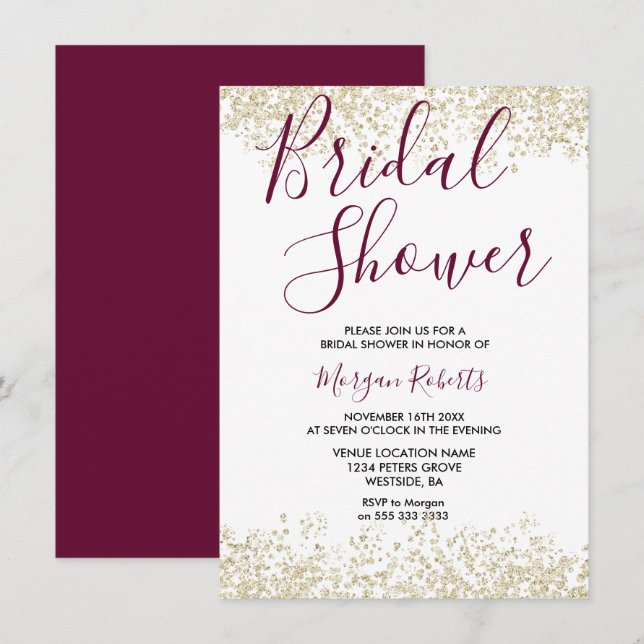Gold Glitter Burgundy Bridal Shower Invitation (Front/Back)