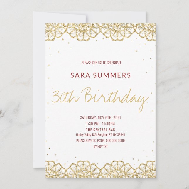 Gold glitter burgundy crochet laser cut style invitation (Front)