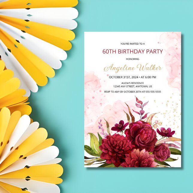 Gold Glitter Burgundy Dahlia Rose Floral Birthday Invitation (Creator Uploaded)