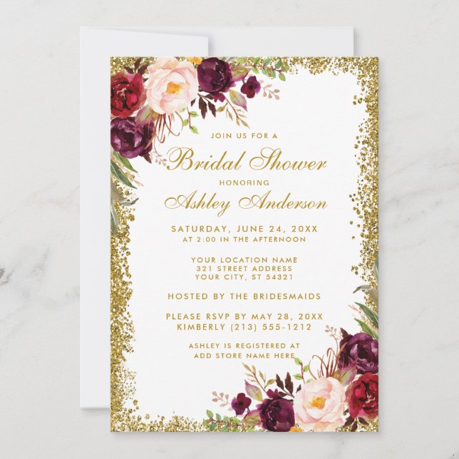 Gold Glitter Burgundy Floral Bridal Shower Invite (Front)