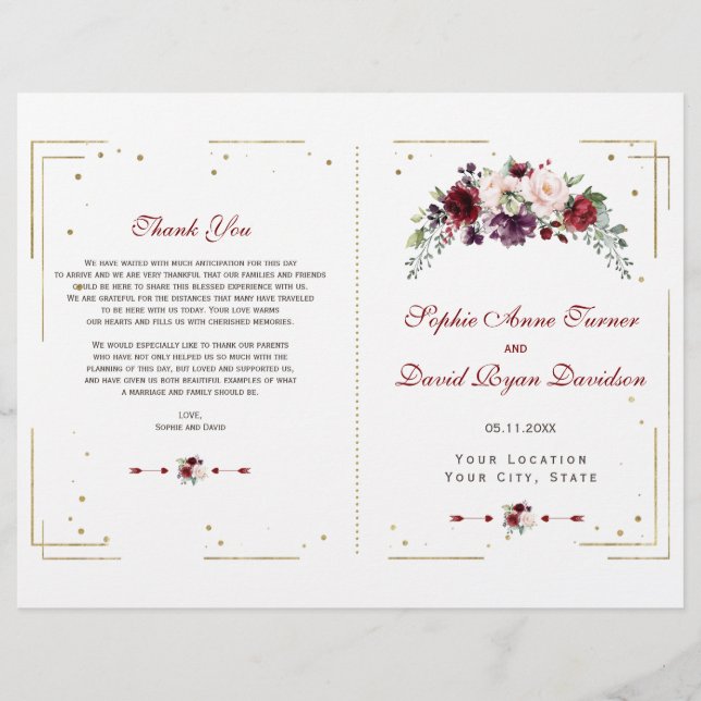 Gold Glitter Burgundy Floral Wedding Program (Front)