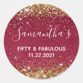 Gold Glitter Burgundy Leather Fifty and Fabulous Classic Round Sticker