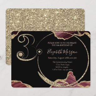 Gold Glitter Burgundy Marble 30th Birthday Invitation