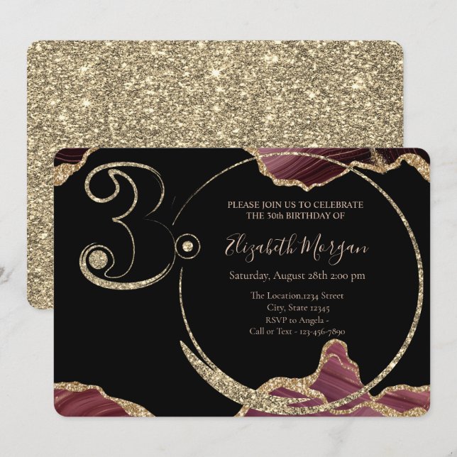  Gold Glitter Burgundy Marble 30th Birthday    Invitation (Front/Back)