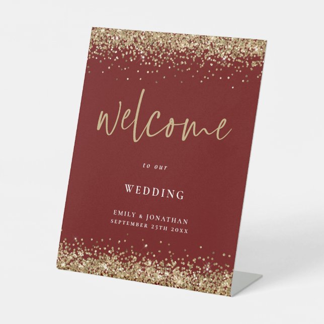 Gold Glitter Burgundy Names Welcome Wedding  Pedestal Sign (Front)