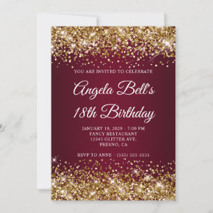 Gold Glitter Burgundy Ombre 18th Birthday Invitation