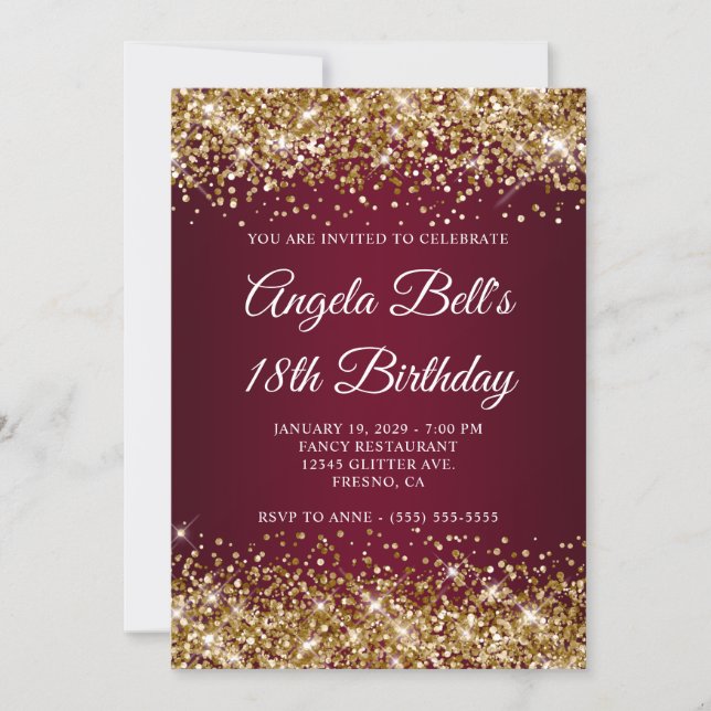 Gold Glitter Burgundy Ombre 18th Birthday Invitation (Front)